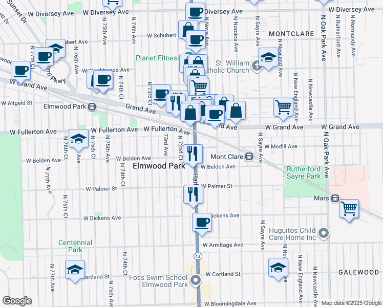 map of restaurants, bars, coffee shops, grocery stores, and more near 2300 North Harlem Avenue in Elmwood Park