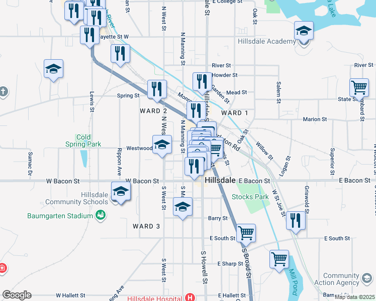 map of restaurants, bars, coffee shops, grocery stores, and more near 39 North Manning Street in Hillsdale