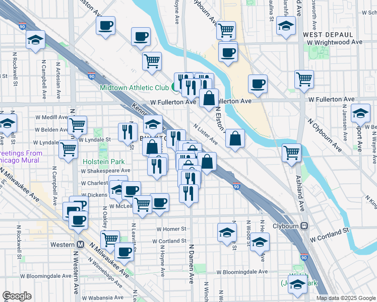 map of restaurants, bars, coffee shops, grocery stores, and more near 2222 North Damen Avenue in Chicago