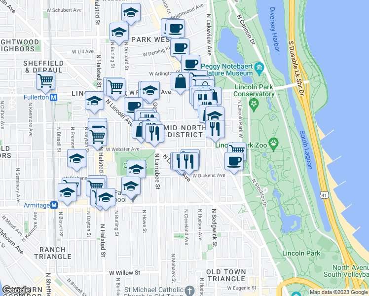 map of restaurants, bars, coffee shops, grocery stores, and more near W Webster Ave & N Cleveland Ave in Chicago