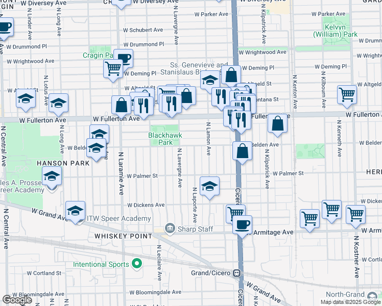 map of restaurants, bars, coffee shops, grocery stores, and more near 2246 North Laporte Avenue in Chicago