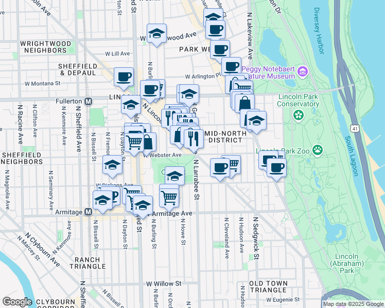 map of restaurants, bars, coffee shops, grocery stores, and more near 520 West Webster Avenue in Chicago