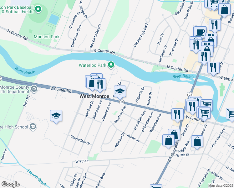 map of restaurants, bars, coffee shops, grocery stores, and more near 549 Bellestri Drive in Monroe