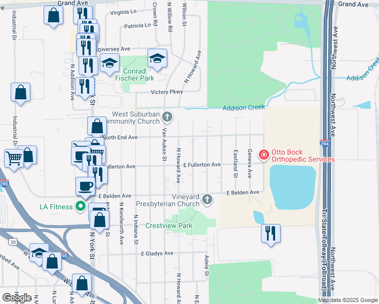map of restaurants, bars, coffee shops, grocery stores, and more near 780 North Emroy Avenue in Elmhurst
