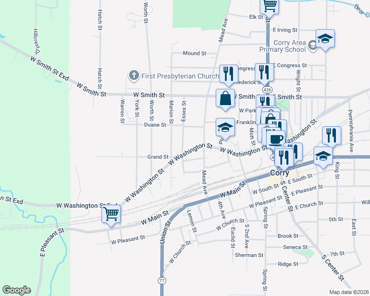map of restaurants, bars, coffee shops, grocery stores, and more near 347 W Washington St in Corry
