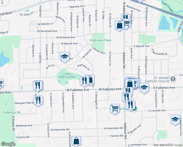 map of restaurants, bars, coffee shops, grocery stores, and more near 304 Hale Street in Addison