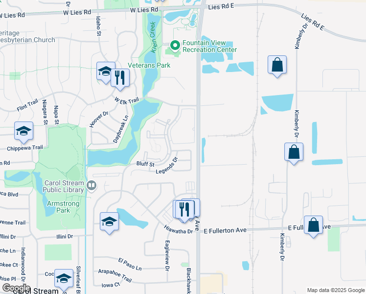 map of restaurants, bars, coffee shops, grocery stores, and more near 166 Horizon Circle in Carol Stream