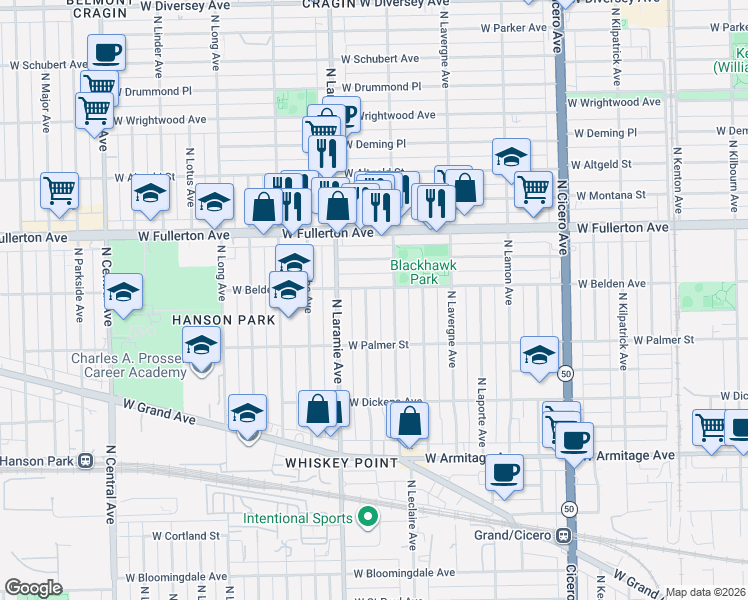 map of restaurants, bars, coffee shops, grocery stores, and more near 2253 North Leamington Avenue in Chicago