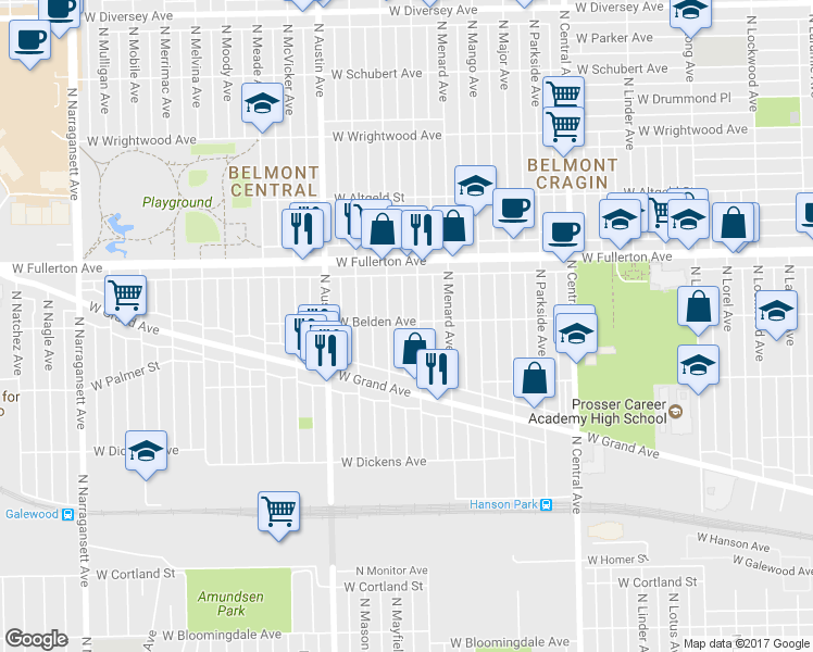 map of restaurants, bars, coffee shops, grocery stores, and more near 2270 North Monitor Avenue in Chicago