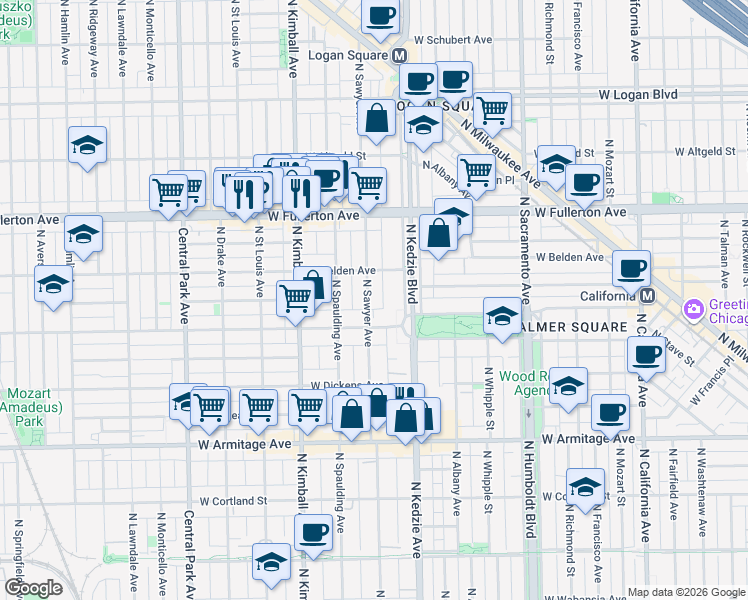 map of restaurants, bars, coffee shops, grocery stores, and more near 2227 North Sawyer Avenue in Chicago