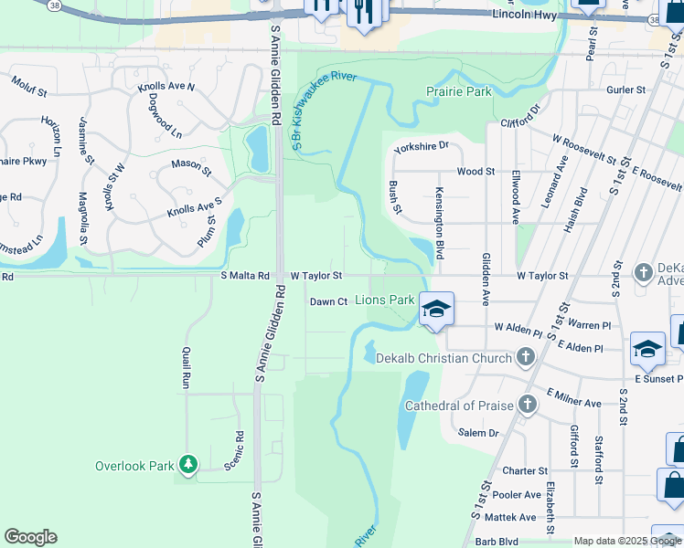 map of restaurants, bars, coffee shops, grocery stores, and more near 825 West Taylor Street in DeKalb