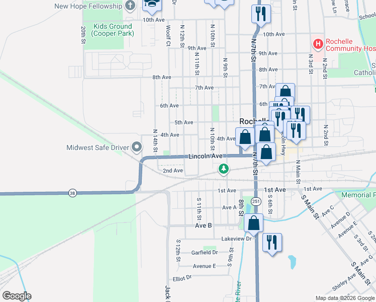 map of restaurants, bars, coffee shops, grocery stores, and more near 309 North 12th Street in Rochelle