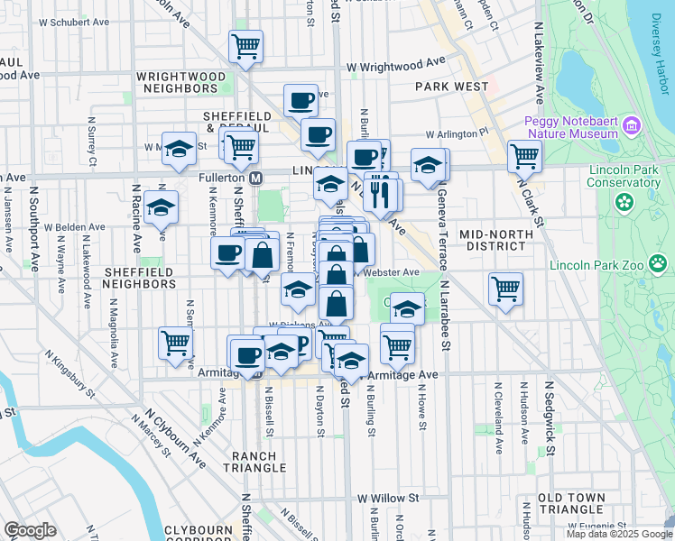map of restaurants, bars, coffee shops, grocery stores, and more near 822 West Webster Avenue in Chicago