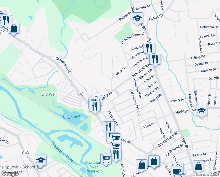 map of restaurants, bars, coffee shops, grocery stores, and more near 4 Garden Street in Cumberland