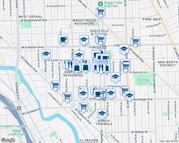 map of restaurants, bars, coffee shops, grocery stores, and more near 1048 West Webster Avenue in Chicago