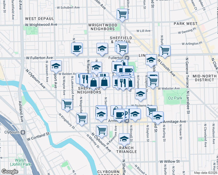 map of restaurants, bars, coffee shops, grocery stores, and more near 1048 West Webster Avenue in Chicago