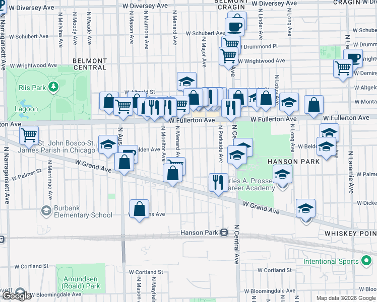 map of restaurants, bars, coffee shops, grocery stores, and more near 2256 North Mango Avenue in Chicago