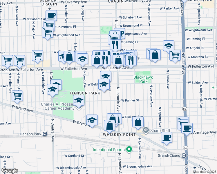 map of restaurants, bars, coffee shops, grocery stores, and more near 2250 North Latrobe Avenue in Chicago