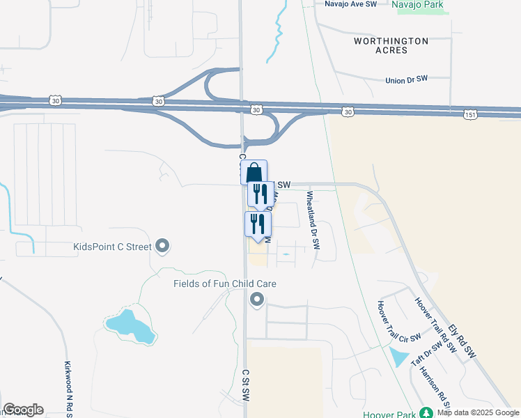map of restaurants, bars, coffee shops, grocery stores, and more near 5721 C Street Southwest in Cedar Rapids
