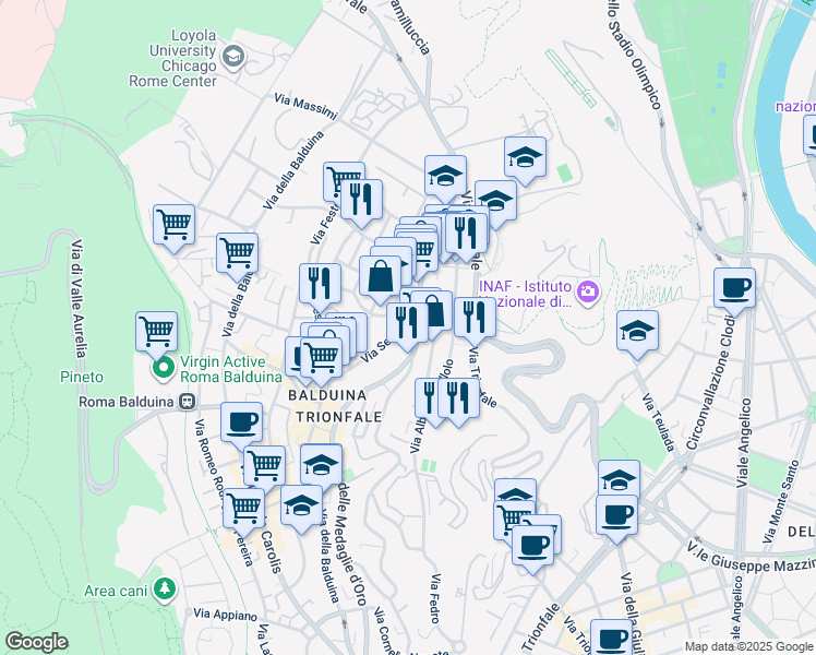 map of restaurants, bars, coffee shops, grocery stores, and more near 7 Via Seneca in Roma