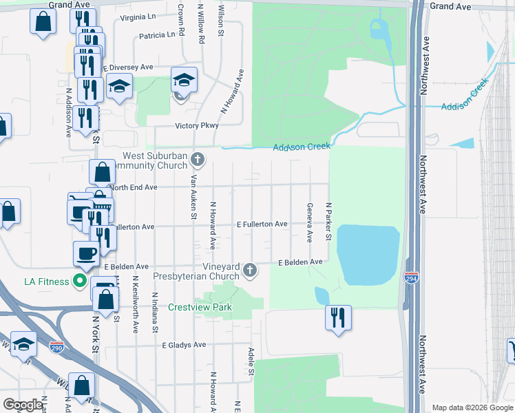 map of restaurants, bars, coffee shops, grocery stores, and more near 785 Adele Street in Elmhurst