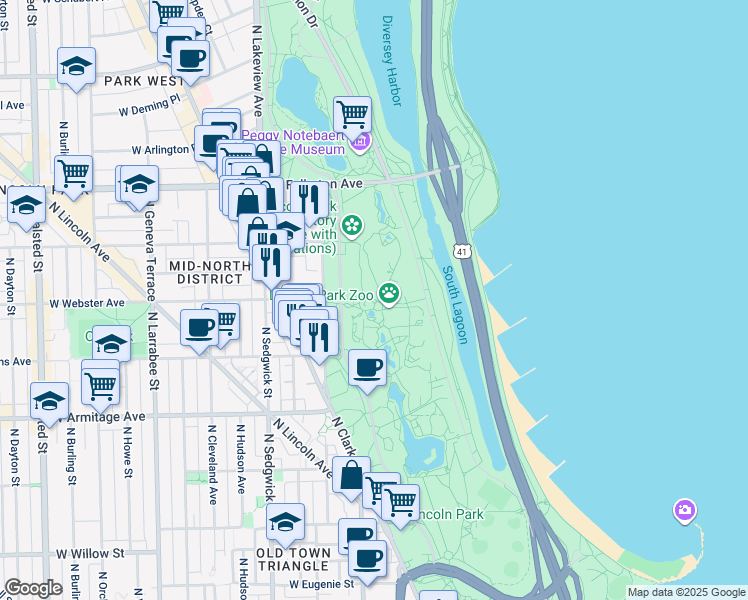 map of restaurants, bars, coffee shops, grocery stores, and more near 2101 North Lincoln Avenue in Chicago