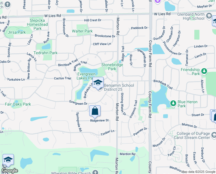 map of restaurants, bars, coffee shops, grocery stores, and more near 1029 Evergreen Drive in Carol Stream
