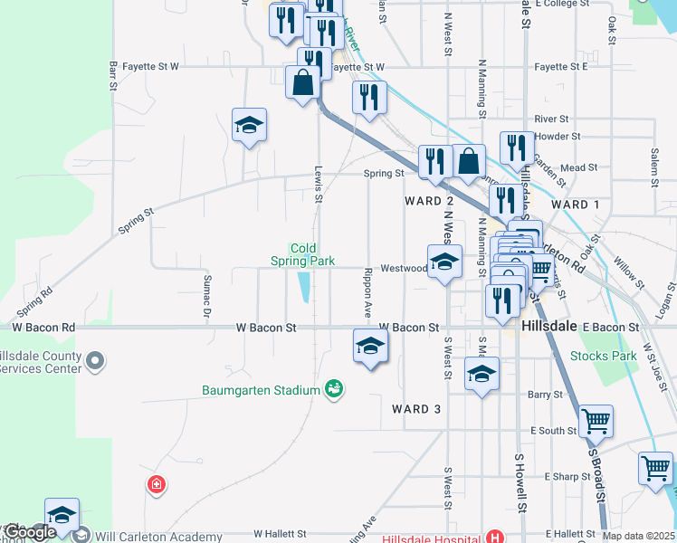 map of restaurants, bars, coffee shops, grocery stores, and more near 80 Westwood Street in Hillsdale