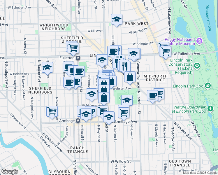 map of restaurants, bars, coffee shops, grocery stores, and more near 2145 North Halsted Street in Chicago