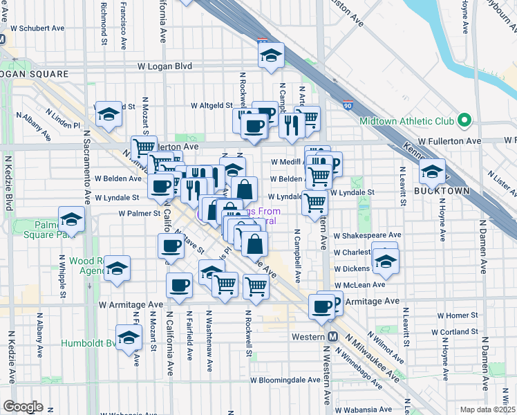 map of restaurants, bars, coffee shops, grocery stores, and more near 2208 North Maplewood Avenue in Chicago
