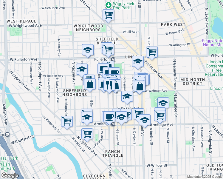 map of restaurants, bars, coffee shops, grocery stores, and more near 940 West Webster Avenue in Chicago