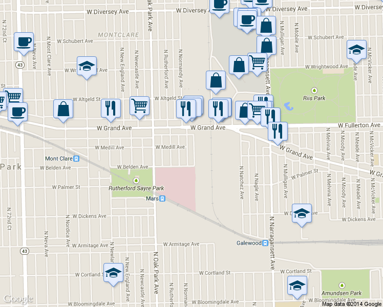 map of restaurants, bars, coffee shops, grocery stores, and more near 2325 North Normandy Avenue in Chicago