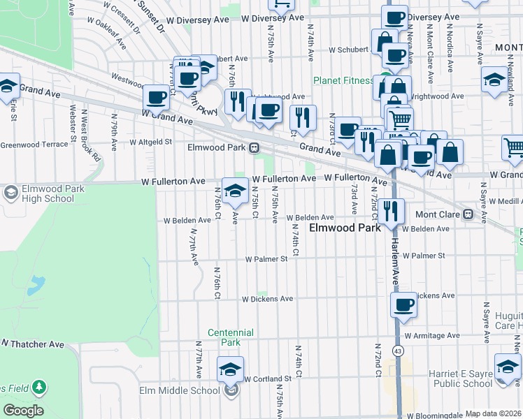 map of restaurants, bars, coffee shops, grocery stores, and more near 2309 N 75th Ct in Elmwood Park