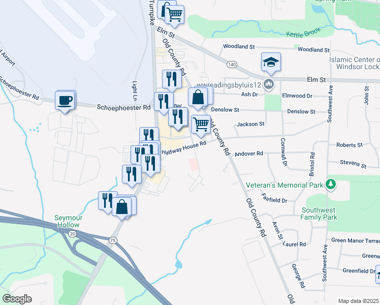 map of restaurants, bars, coffee shops, grocery stores, and more near 565 Halfway House Road in Windsor Locks