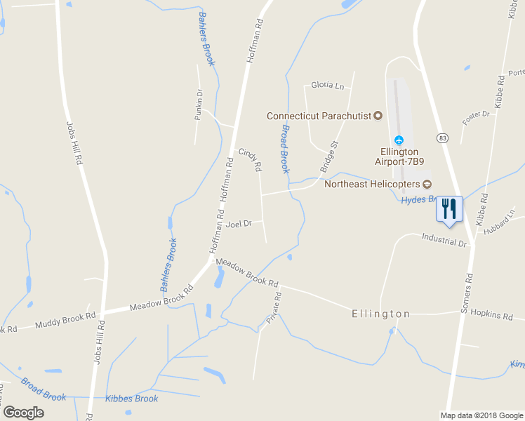 map of restaurants, bars, coffee shops, grocery stores, and more near 36 Cindy Road in Ellington