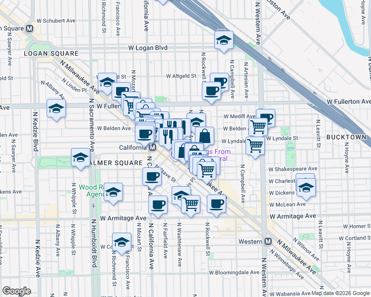 map of restaurants, bars, coffee shops, grocery stores, and more near 2206 North Talman Avenue in Chicago