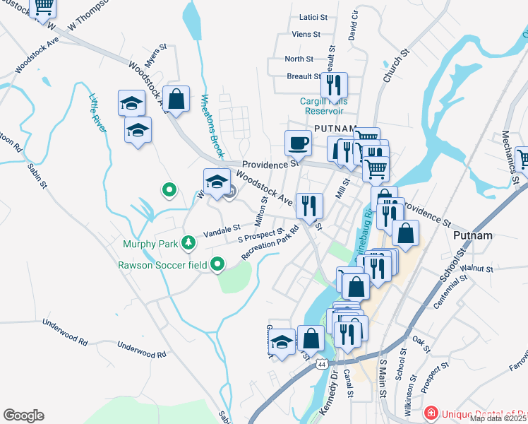 map of restaurants, bars, coffee shops, grocery stores, and more near 2 Roosevelt Street in Putnam