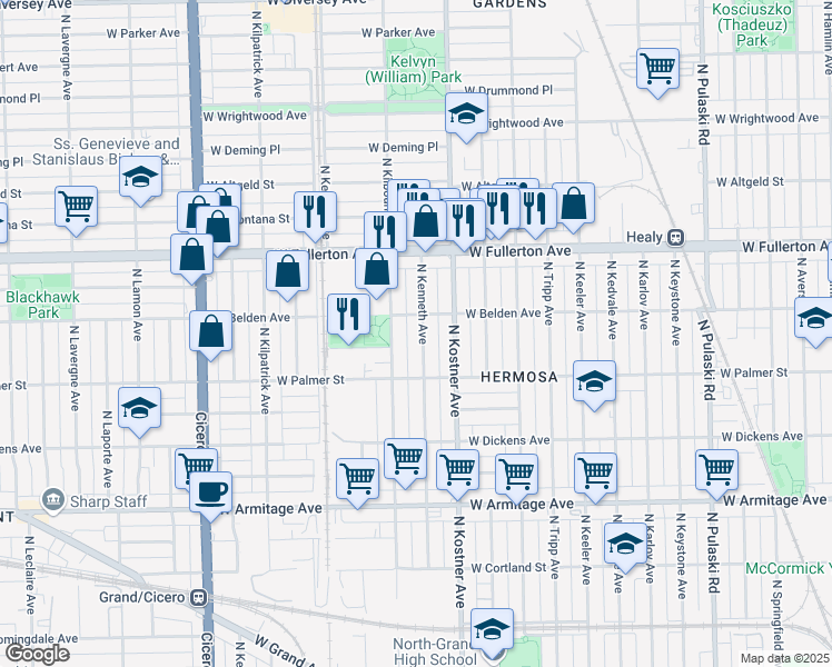 map of restaurants, bars, coffee shops, grocery stores, and more near 2242 North Kenneth Avenue in Chicago