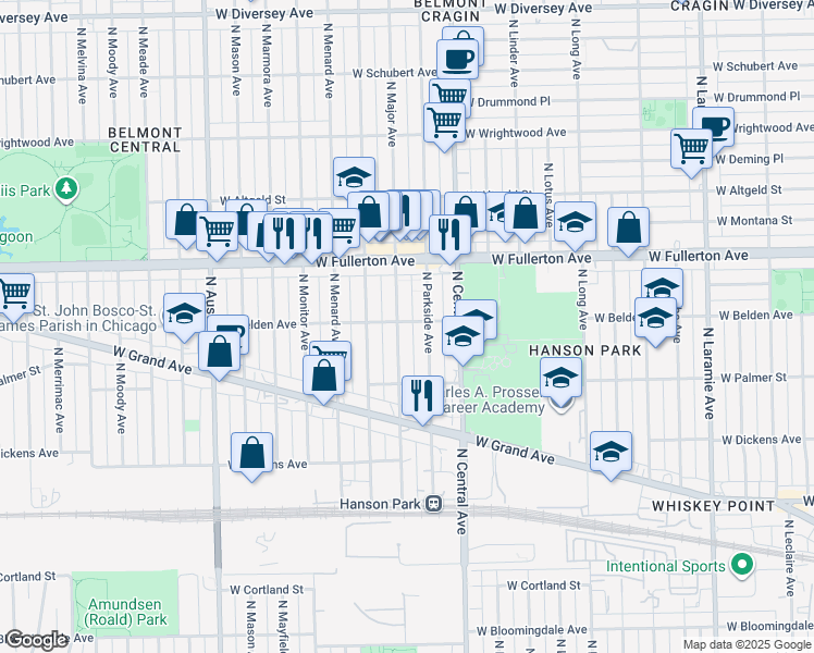 map of restaurants, bars, coffee shops, grocery stores, and more near 2257 N Major Ave in Chicago