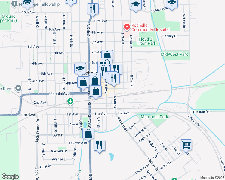 map of restaurants, bars, coffee shops, grocery stores, and more near 406 Cherry Avenue in Rochelle