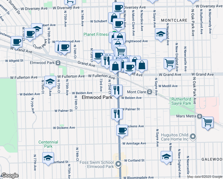 map of restaurants, bars, coffee shops, grocery stores, and more near 2305 North 72nd Court in Elmwood Park