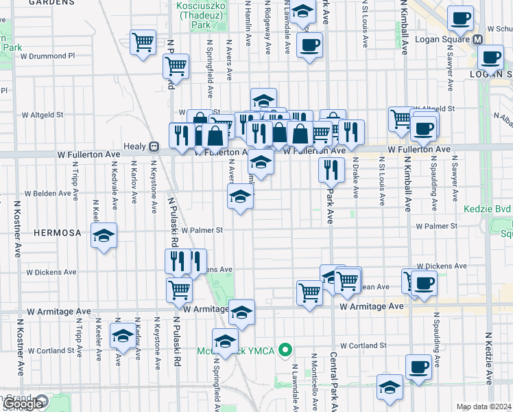 map of restaurants, bars, coffee shops, grocery stores, and more near 3752 West Lyndale Street in Chicago