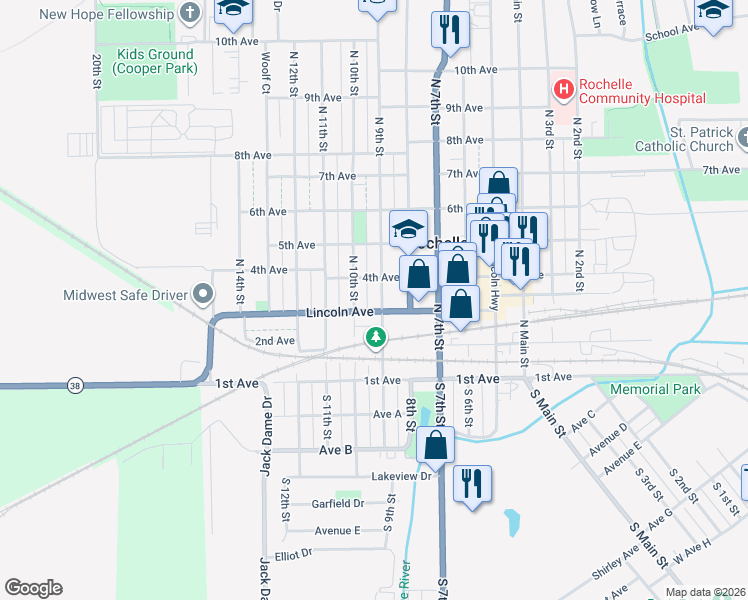 map of restaurants, bars, coffee shops, grocery stores, and more near 308 North 9th Street in Rochelle