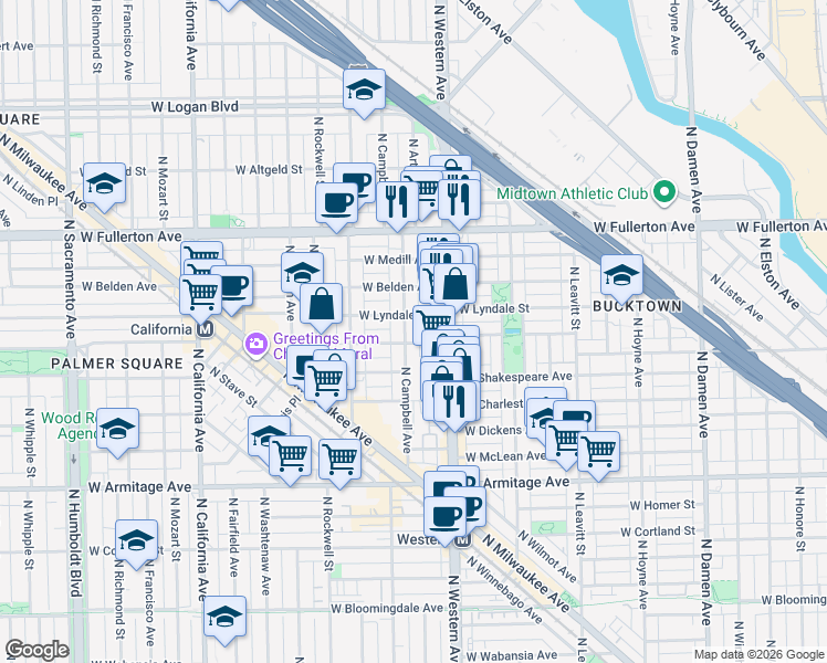 map of restaurants, bars, coffee shops, grocery stores, and more near 2424 West Palmer Street in Chicago