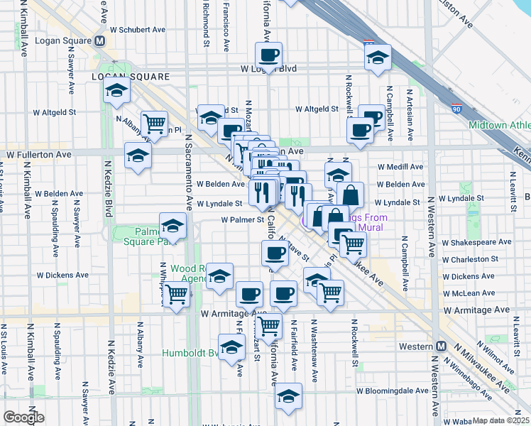 map of restaurants, bars, coffee shops, grocery stores, and more near 2204 North California Avenue in Chicago
