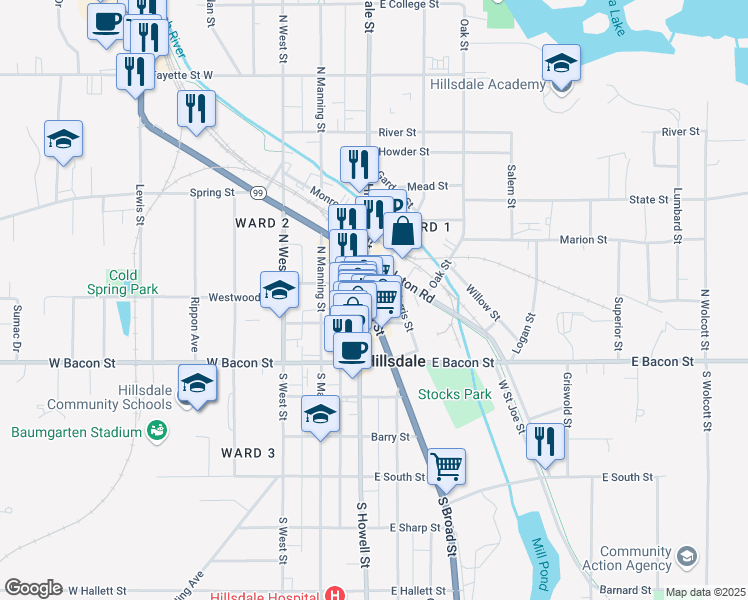 map of restaurants, bars, coffee shops, grocery stores, and more near 73 North Broad Street in Hillsdale