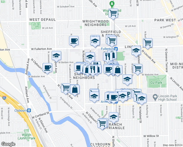 map of restaurants, bars, coffee shops, grocery stores, and more near 2201 North Clifton Avenue in Chicago