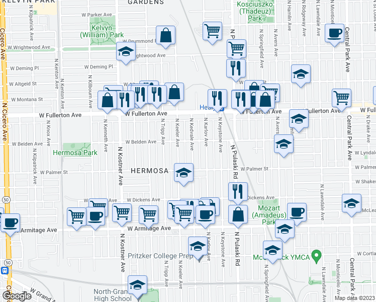 map of restaurants, bars, coffee shops, grocery stores, and more near 2238 N Kedvale Ave in Chicago
