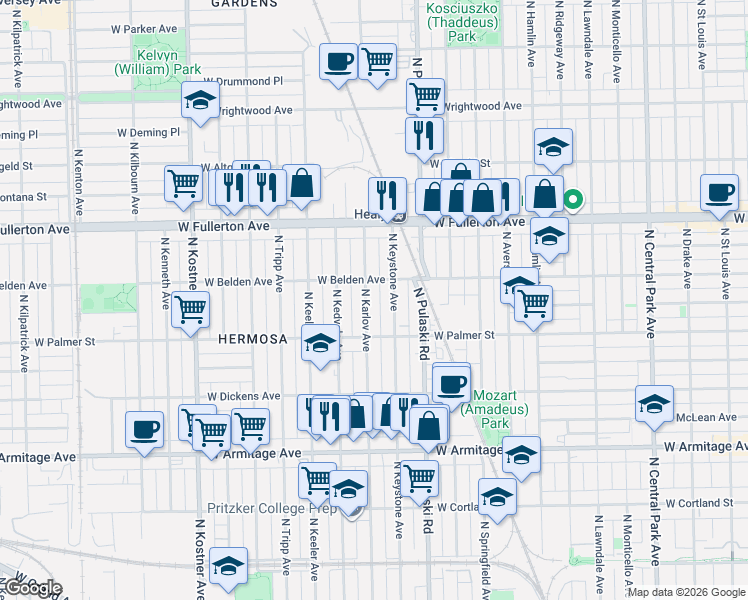 map of restaurants, bars, coffee shops, grocery stores, and more near 2239 North Karlov Avenue in Chicago