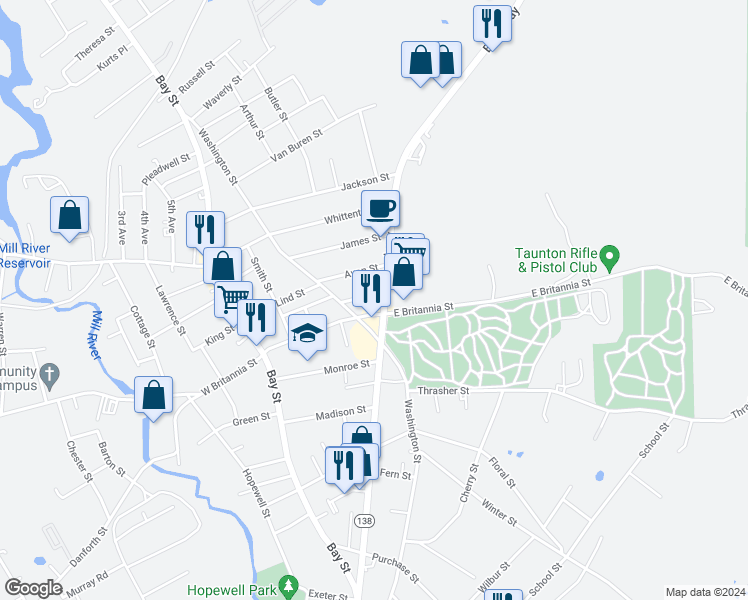 map of restaurants, bars, coffee shops, grocery stores, and more near 15 Oxford Street in Taunton